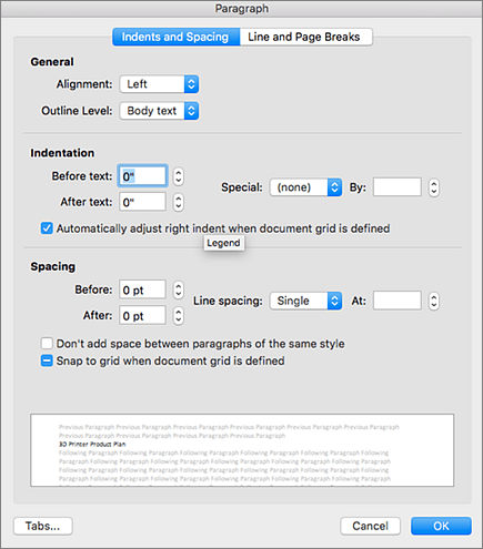 Outlook for Mac の [段落] ダイアログ ボックス。
