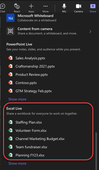 Teams 会議で Excel ファイルを強調表示している共有オプションのスクリーンショット。