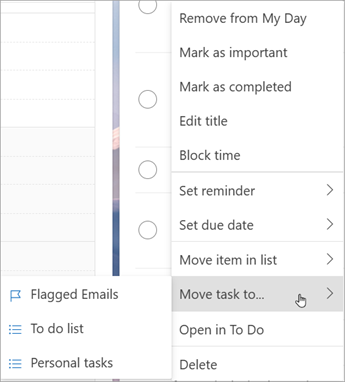 長押し (または右クリック) してコンテキスト メニューにアクセスします。 [タスクを ... に移動する] を選択します。タスクを移動するリストを選択します。