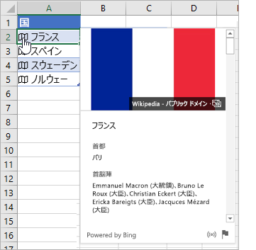 フランスのリンクされたレコードを含むセル; アイコンをクリックしているカーソル; 表示されたカード