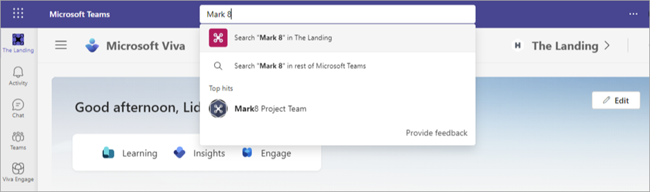 Microsoft Teamsの Viva コネクションでのスコープ検索を示すスクリーンショット