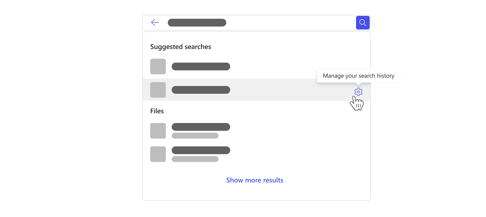 検索履歴に基づいて検索候補が強調表示されたドロップダウンと、検索履歴を管理するためのボタンが表示された検索ボックス。