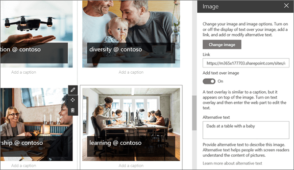 SharePoint Online の最新のコミュニケーション サイト用のサンプル画像 web パーツ入力