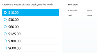 Skype クレジット金額の一覧