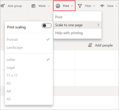 スケジュールを印刷するための Shifts の [印刷] オプションを示すスクリーンショット。