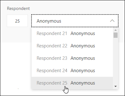Microsoft Forms で回答者の回答の詳細を表示するには、回答者の検索ボックスに特定の番号を入力します。