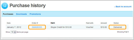 注文の一覧を表示する Skype アカウント Web ページの [購入履歴] セクション。