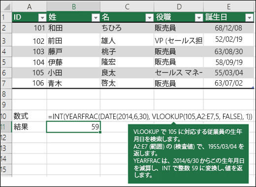 =INT(YEARFRAC(DATE(2014,6,30),VLOOKUP(105,A2:E7,5,FLASE),1))

VLOOKUP は、A2:E7 範囲 (table_array) の 109 (lookup_value) に対応する従業員の生年月日を検索し、1955 年 3 月 4 日を返します。 次に、YEARFRAC は 2014/6/30 からこの生年月日を減算し、値を返します。この値は INY によって整数 59 に変換されます。