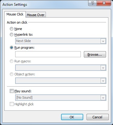 [マウスのクリック] タブまたは [マウスの通過] タブで、実行させるプログラムを選択します。