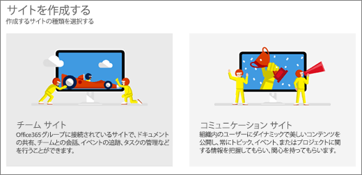 チーム サイトまたはコミュニケーション サイトの 2 つのトップレベル テンプレートの選択肢。
