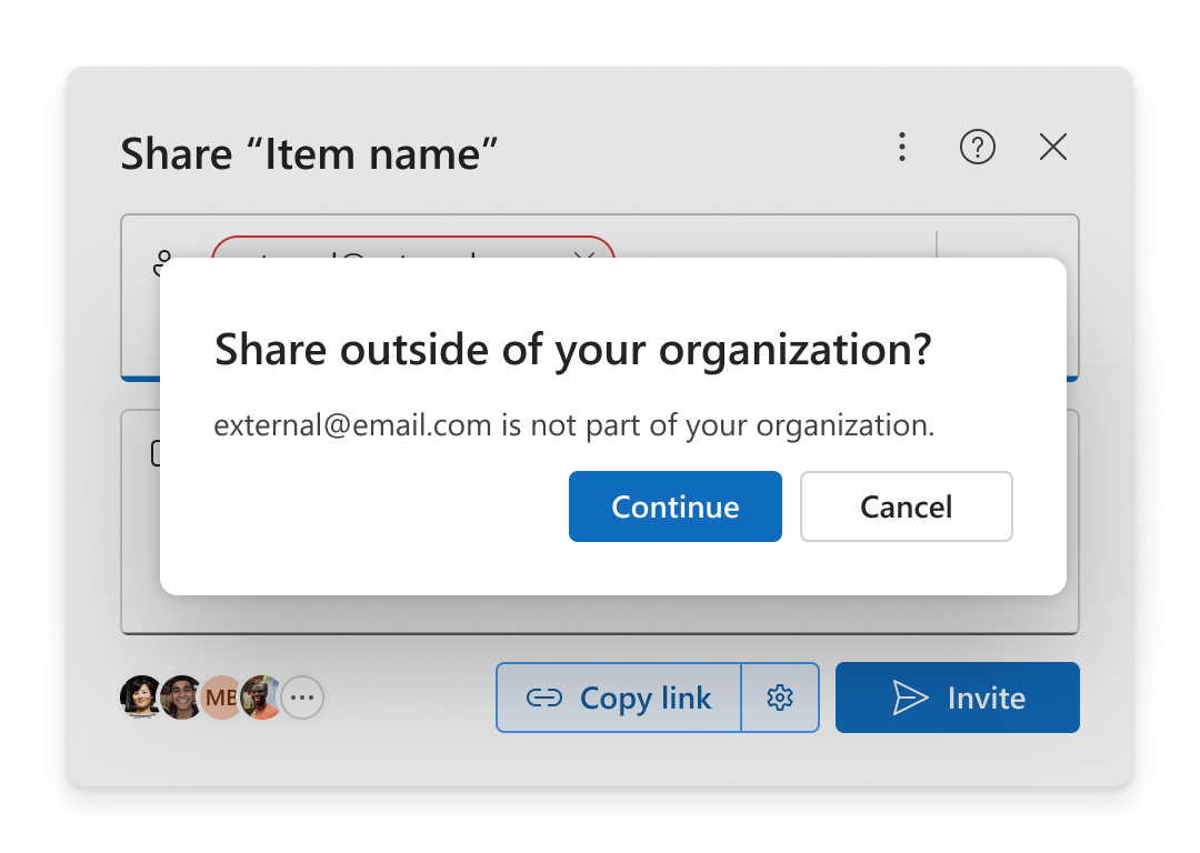 アイテムを共有するorganizationの外部に他のユーザーを追加すると、確認メッセージが表示されます