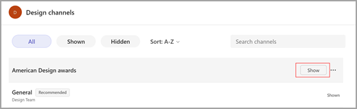 デザイン チャネル チームの非表示のアメリカン デザイン賞チャネルのスクリーンショット。 チャネルリストにチャネルを表示する方法を表す赤い四角形があります。