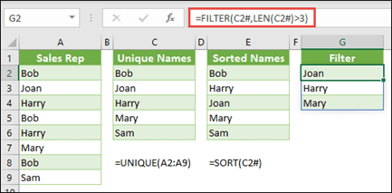スピル範囲演算子 (#) : =FILTER(C2#,LEN(C2#)3) を使用してスピルした配列範囲全体>します。