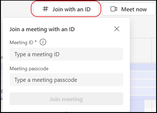 Teams 予定表の右上にある [会議 ID での参加] ボタンを示す画像。 