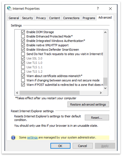 SSL と TLS の設定が灰色で表示されたインターネット オプション