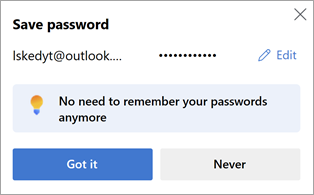 後で使用するために Web サイトのパスワードを保存するように求める Microsoft Edge のプロンプト。