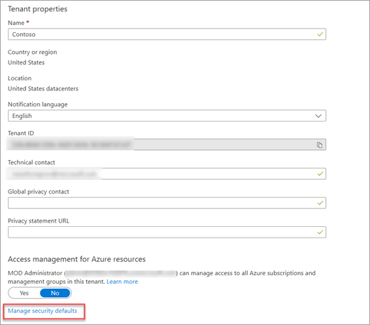 보안 기본값 관리 링크가 강조 표시된 Azure Active Directory 테넌트 속성 화면