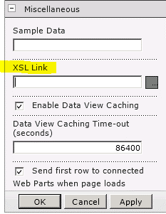 웹 파트 메뉴의 XSL 링크 속성
