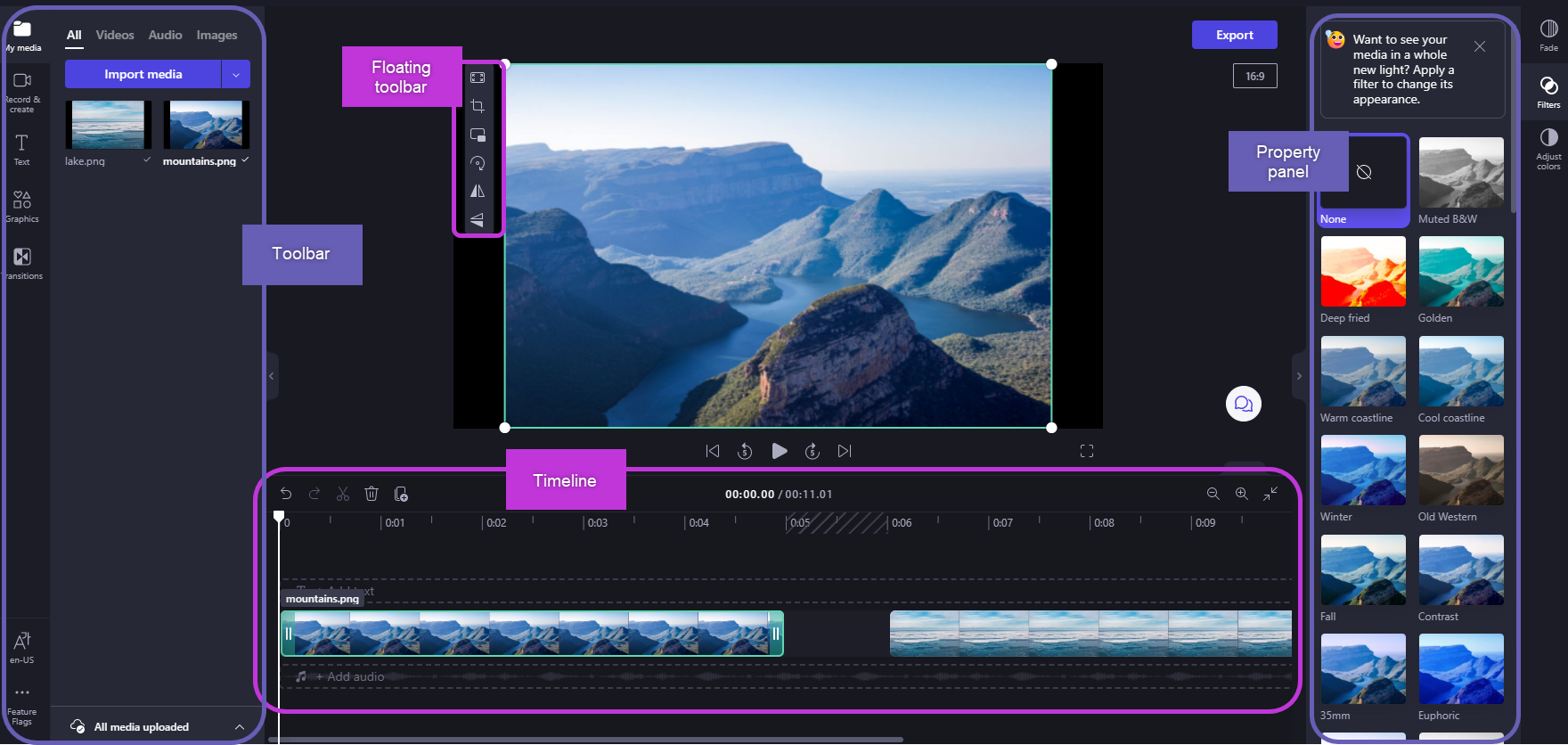 Clipchamp 비디오 편집기의 사용자 인터페이스에 대한 다양한 섹션