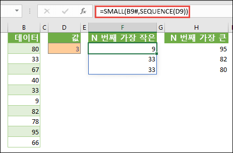 Excel 배열 수식에서 N번째 가장 작은 값을 찾을 수 있습니다. =SMALL(B9#,SEQUENCE(D9))