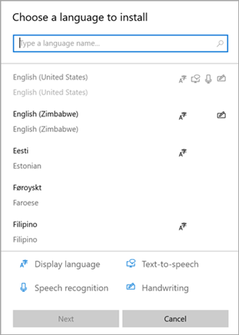 Windows 10 설정에서 다운로드할 수 있는 언어 팩의 스크린샷