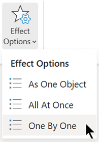 PowerPoint의 애니메이션 탭에 있는 효과 옵션 메뉴입니다.
