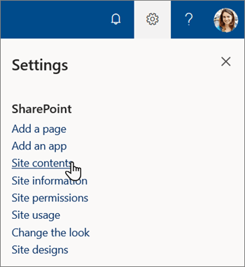 Site Contents가 강조 표시된 SharePoint의 설정 메뉴