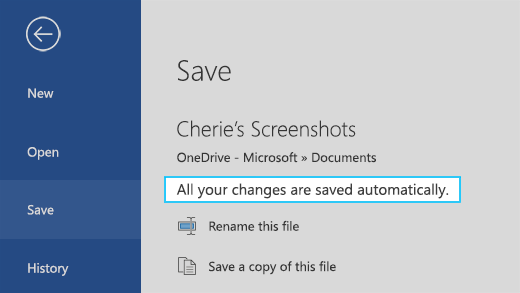 "모든 변경 내용이 자동으로 Microsoft Word"라는 자동 저장이 켜져 있는 클라우드에 저장된 메시지 표시