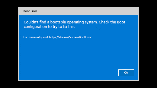 Surface에서 부팅 가능한 운영 체제를 찾을 수 없는 경우 표시되는 오류 메시지입니다.