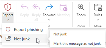 정크 메일이 아닌 보고서 > 단추를 사용하여 정크 메일 폴더에서 메시지를 복원한 다음, 보낸 사람으로부터 정크 메일 폴더로의 메시지 전송을 중지하도록 Outlook에 지시할 수 있습니다.