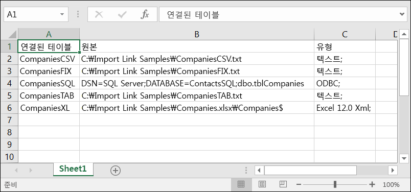 Access에서 연결된 테이블 정보가 표시된 Excel 통합 문서