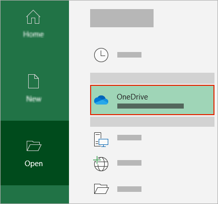 OneDrive 폴더를 보여 주는 Office 열기 대화 상자