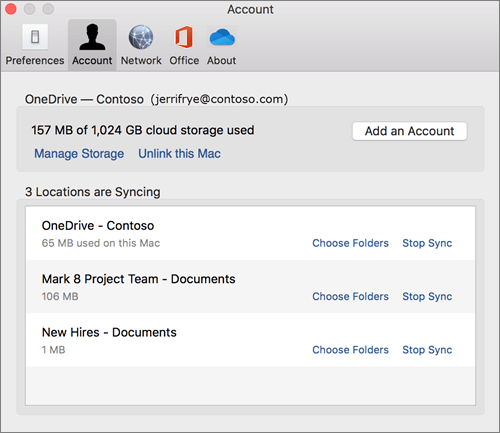 Mac용 OneDrive 동기화 클라이언트의 계정 탭 스크린샷