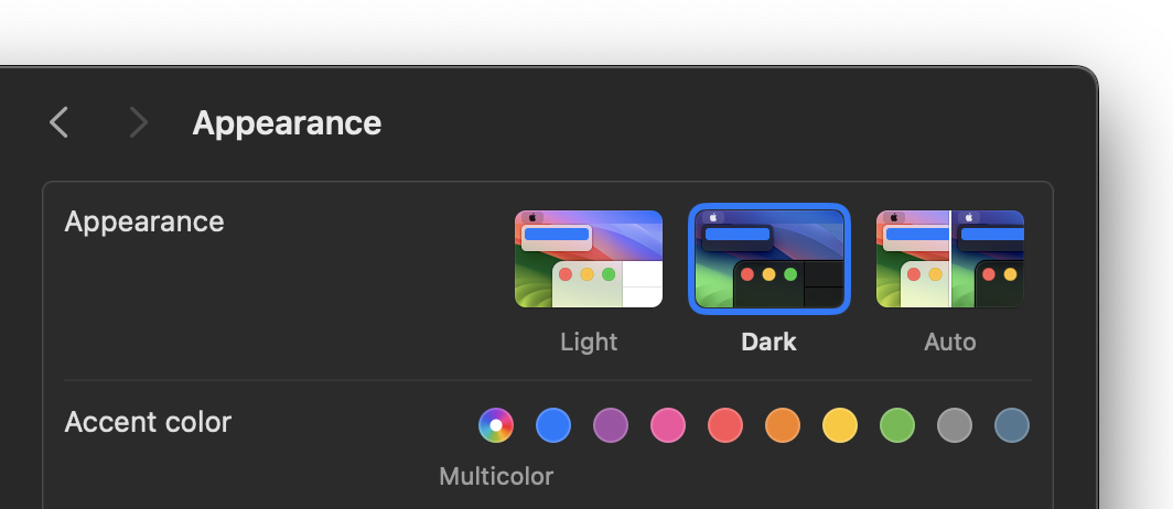 macOS의 어두운 모양 설정