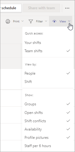보기 메뉴의 옵션을 사용하여 Shifts에서 일정 보기를 사용자 지정합니다.
