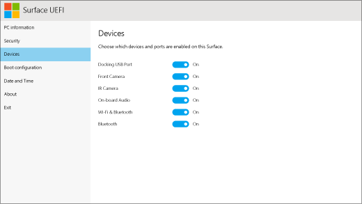 Surface UEFI에 대한 디바이스 화면