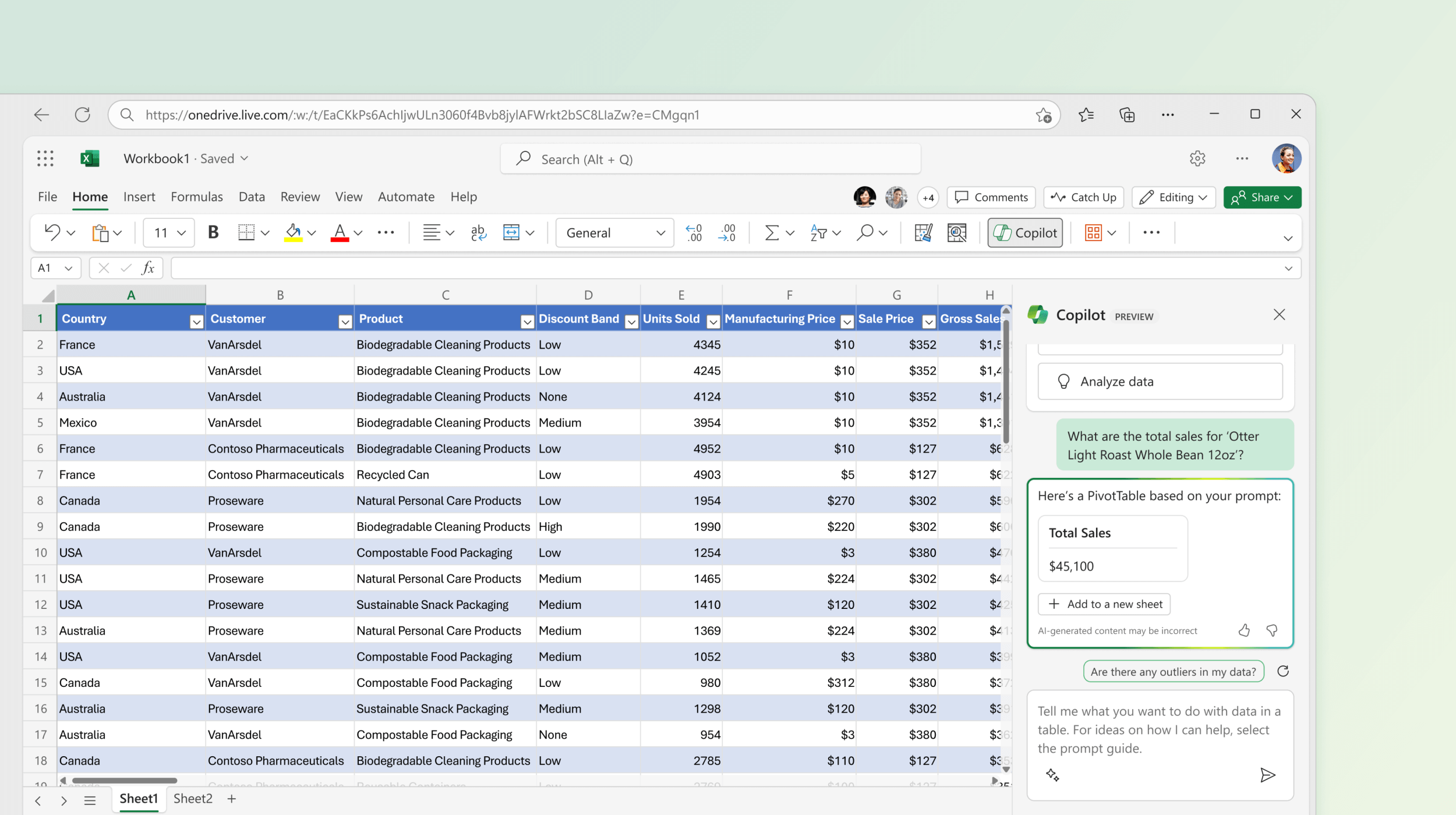 Excel에서 기존 데이터를 기반으로 피벗 테이블을 제안하는 Copilot을 보여 주는 스크린샷
