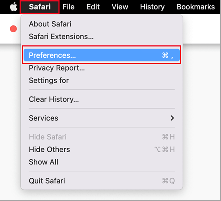 기본 설정이 선택된 Safari의 Safari 메뉴입니다.