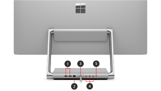 Surface Studio 2+ 뒷면의 기능을 표시합니다.