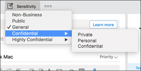 Outlook의 사용할 수 있는 드롭다운 민감도 옵션의 예입니다.