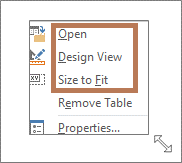 열기 및 디자인 보기 마우스 오른쪽 단추 클릭 메뉴 명령