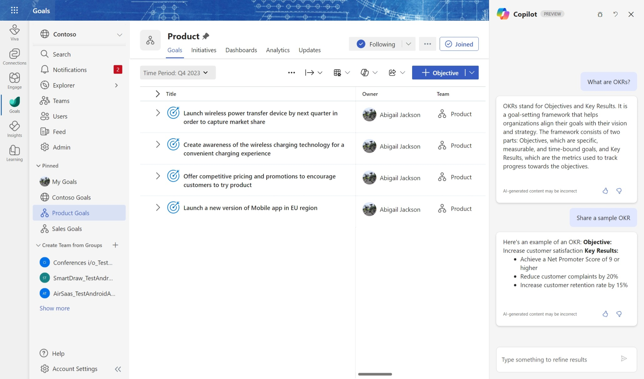 사용자가 오른쪽에 OKR 방법론에 대해 Copilot에 질문하는 제품 팀의 OKR 보기를 보여 주는 스크린샷