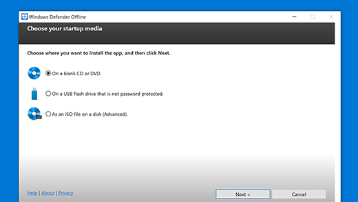 Windows Defender 오프라인 이동식 미디어 옵션