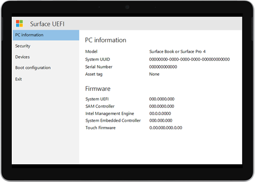 "Surface UEFI"라는 제목과 PC 정보 및 펌웨어에 대한 세부 정보가 있는 흰색 화면입니다.