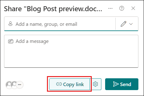 복사 링크 단추가 강조 표시된 공유 대화 상자의 스크린샷.