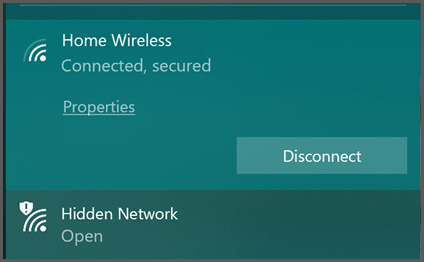 Windows 10이 사용자가 연결할 수있는 무선 네트워크 목록을 보여줍니다. 하나는 "보안됨"으로, 다른 하나는 “개방됨”으로 표시됩니다.