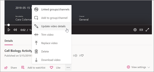 Stream 비디오의 추가 작업 메뉴에서 비디오 세부 정보 업데이트 선택