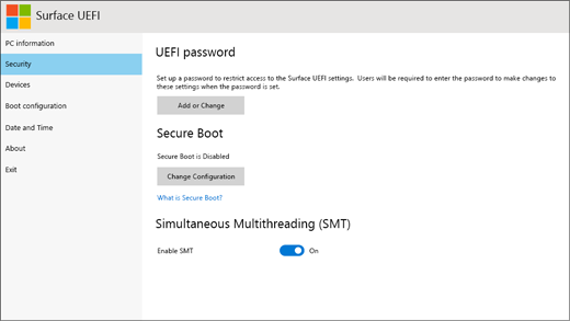 Surface UEFI의 보안 화면 스크린샷.