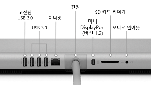 고성능 USB 3.0 포트, 3 USB 3.0 포트, 전원, Mini DisplayPort(버전 1.2), SD 카드 판독기 및 오디오 출력 포트를 보여 주는 Surface Studio(1세대) 뒷면입니다.