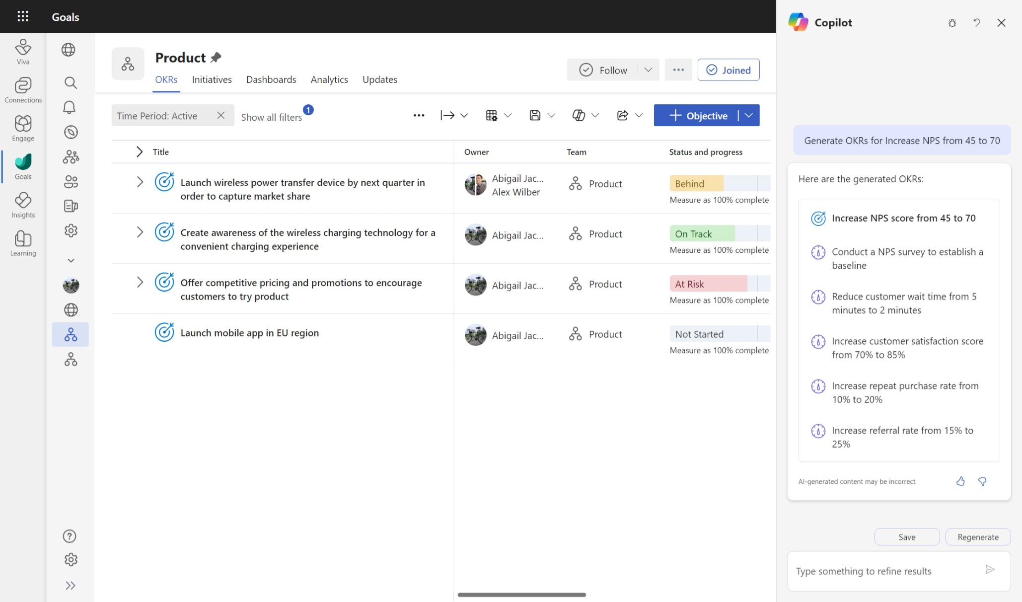 목표 제목에서 OKR을 생성하는 Copilot를 보여 주는 스크린샷